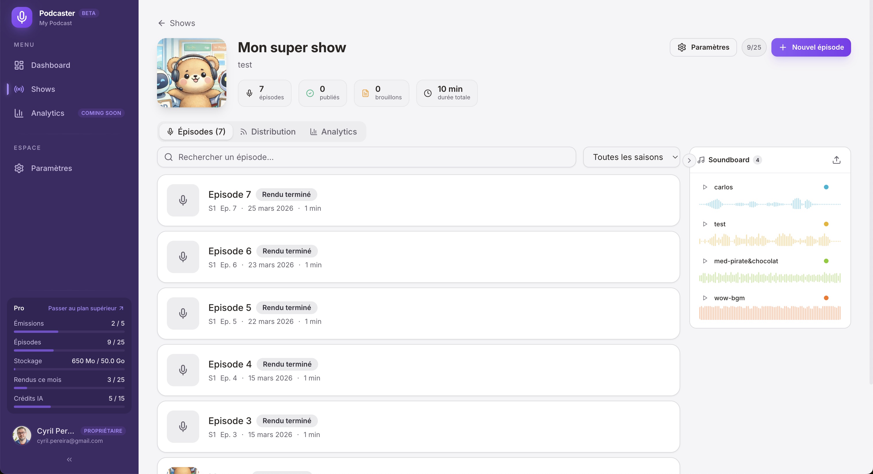 Page émission avec épisodes et soundboard