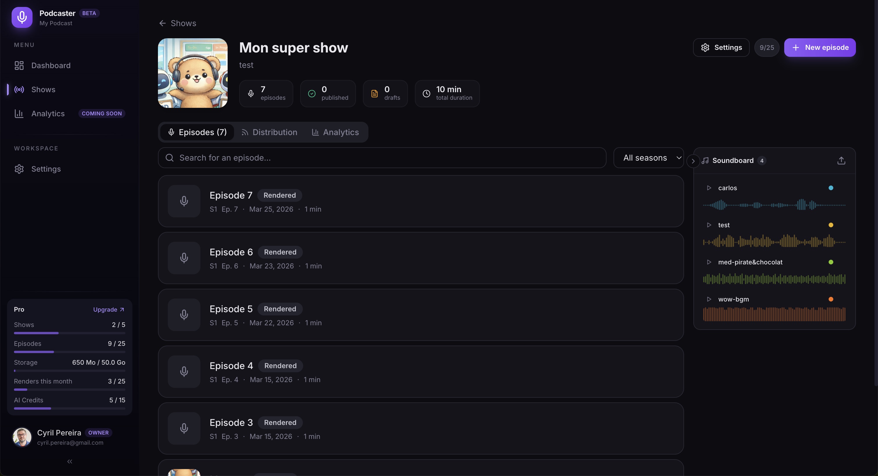 Page émission avec épisodes et soundboard
