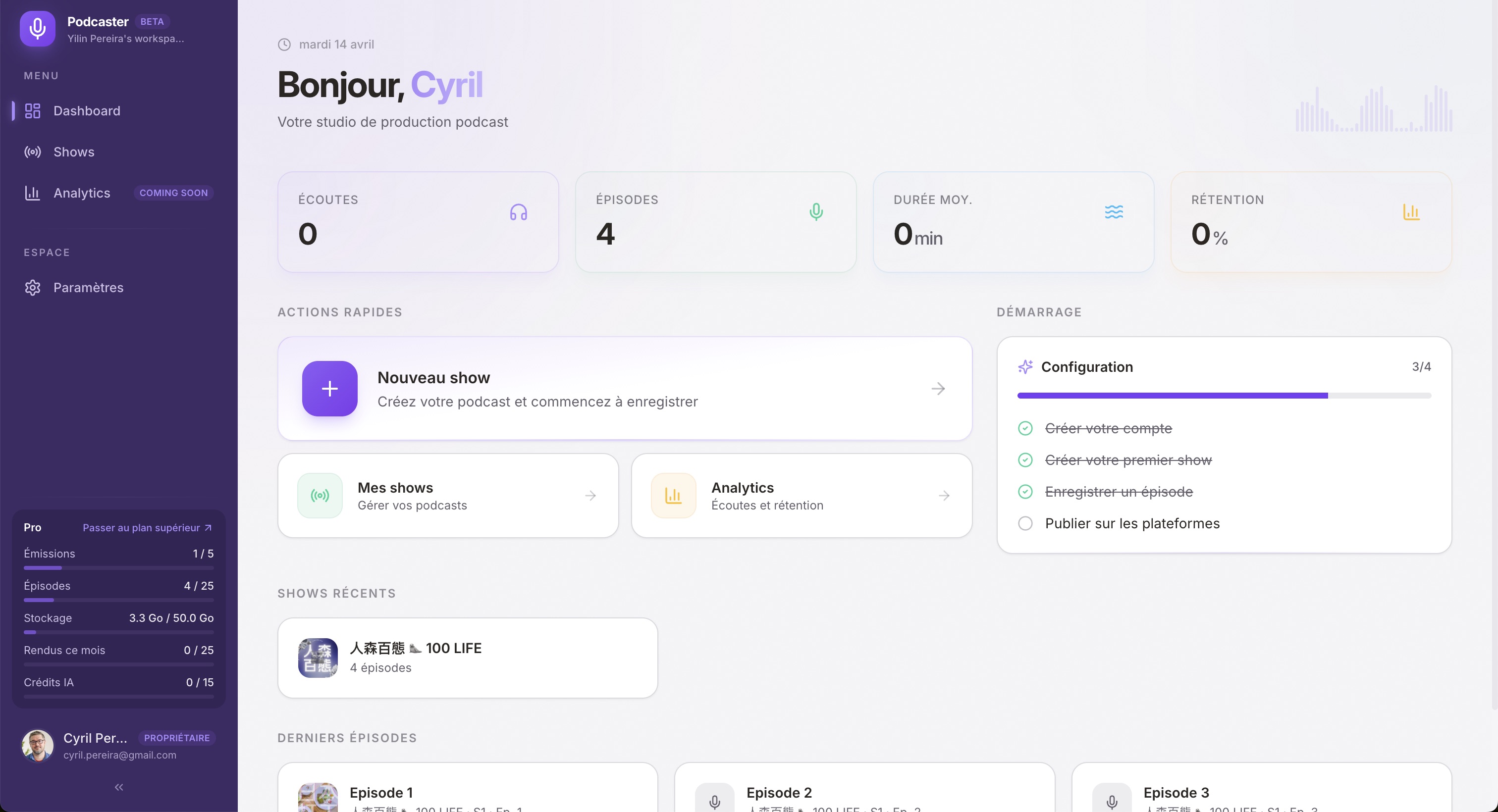 Tableau de bord Podkstr avec statistiques et émissions récentes